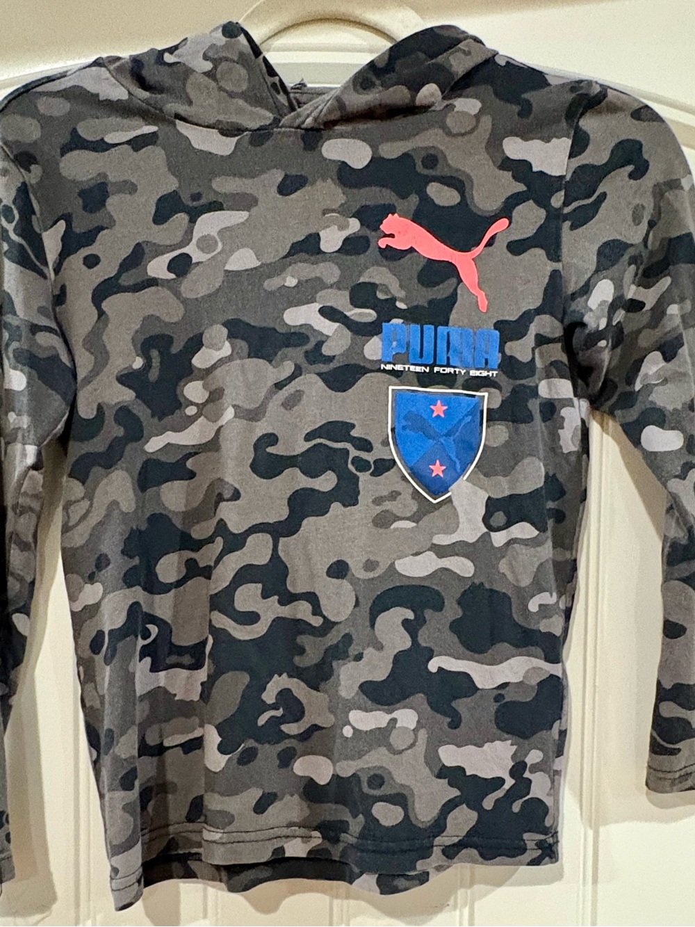 Puma Kids Camo Hoodie with Pink Puma Logo and Blue Crest